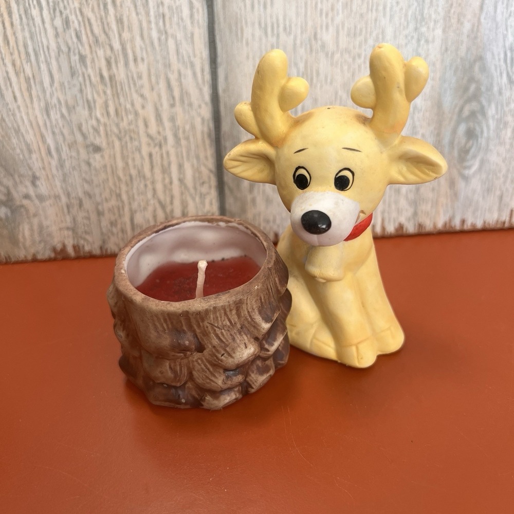 Reindeer Ceramic Candle Holder‎ With Red Accent Christmas Holiday Decor Vintage